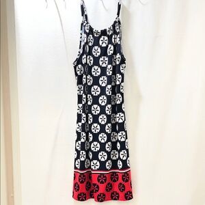 Kaari Blue Black and White Midi Dress with Red Hem